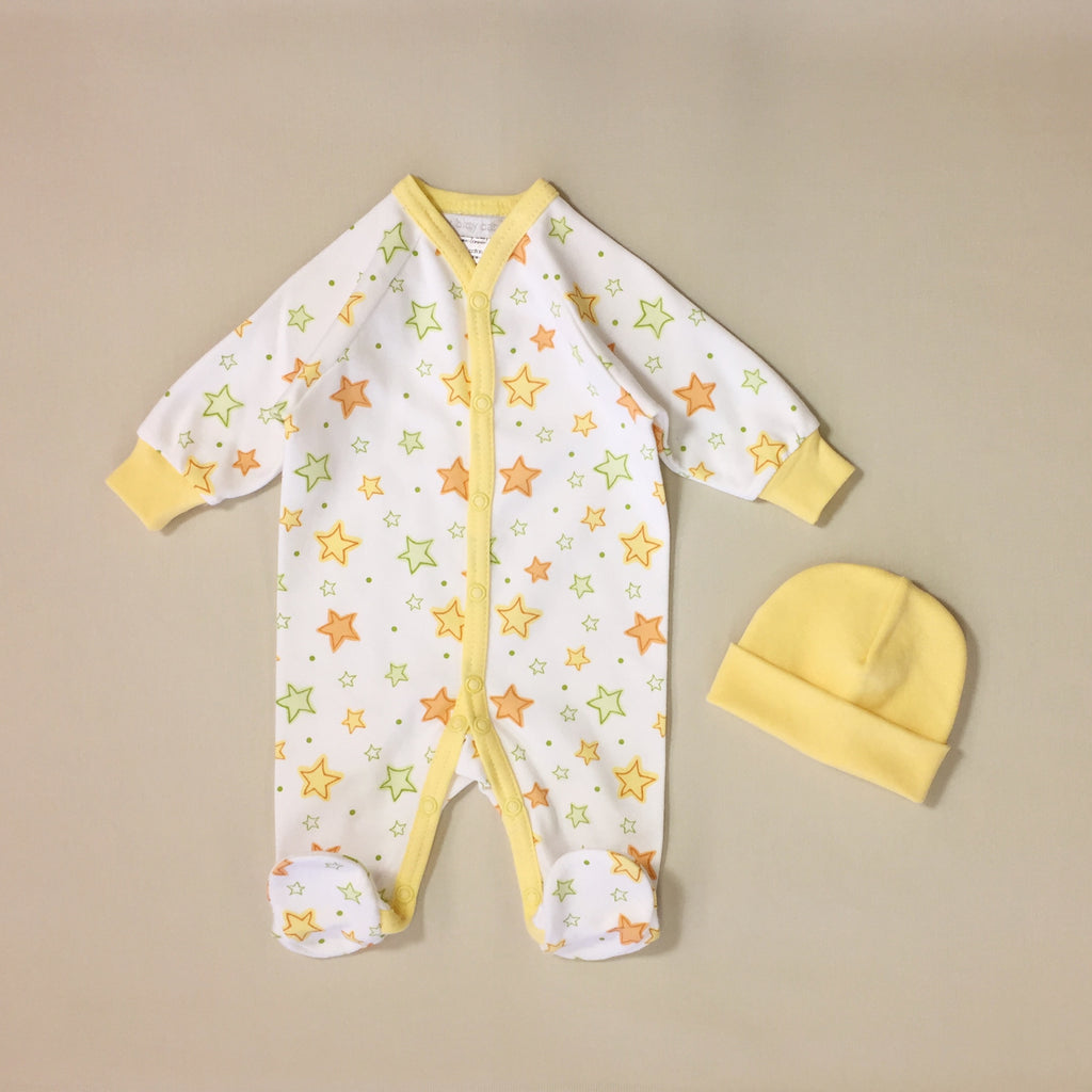 White Babygrow With Orange And Green Stars, Yellow stripe And Matching Hat 